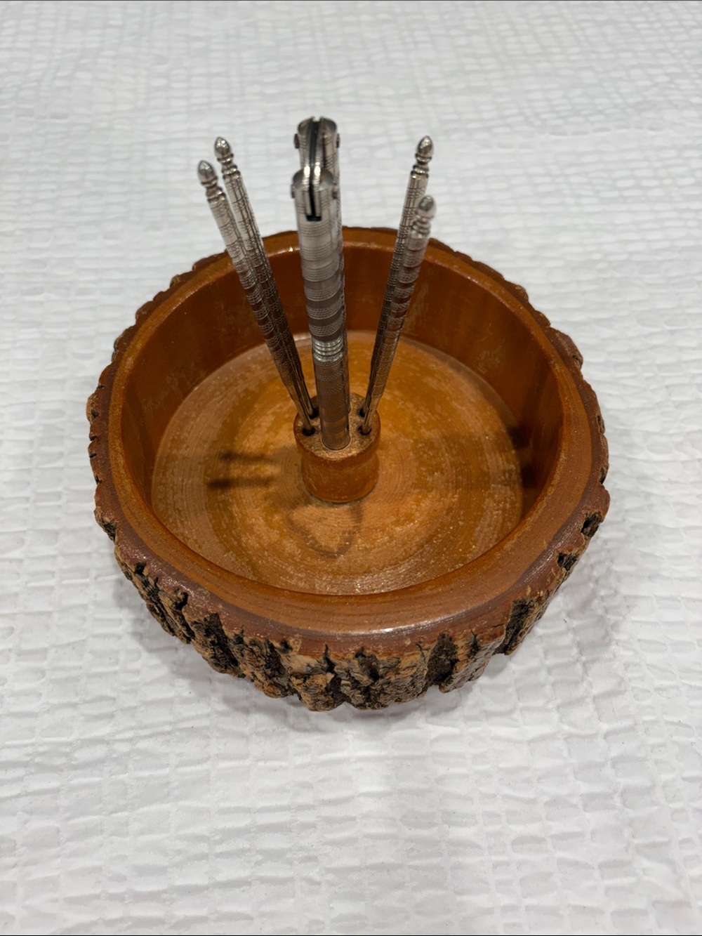 Vintage Rustic Wooden Nut Bowl with Metal Picks